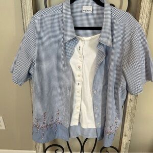 Alfred Dunner Blue Gingham Button Down with Floral Detail
